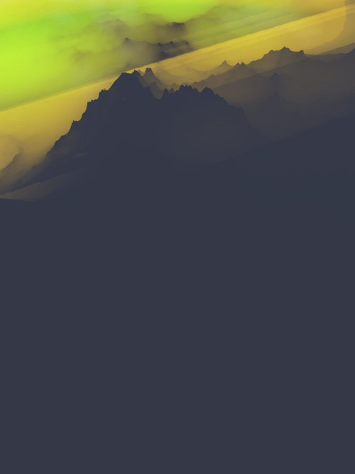 Rayon de lumières dans une brume verte et jaune sur un paysage montagneux généré avec terragen