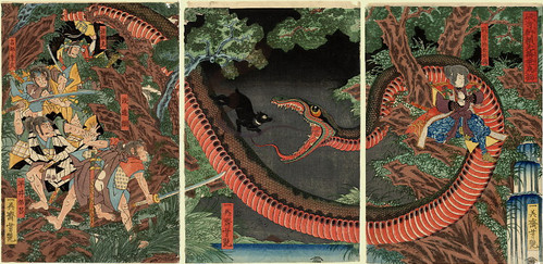 Yorimitsu et ses hommes combattant le bandit Hakamadare, qui est aidé par un serpent géant